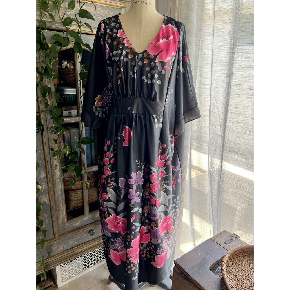 70s 80s DiCarlo of California Maxi Kaftan Dress Black Floral Boho Caftan Hostess